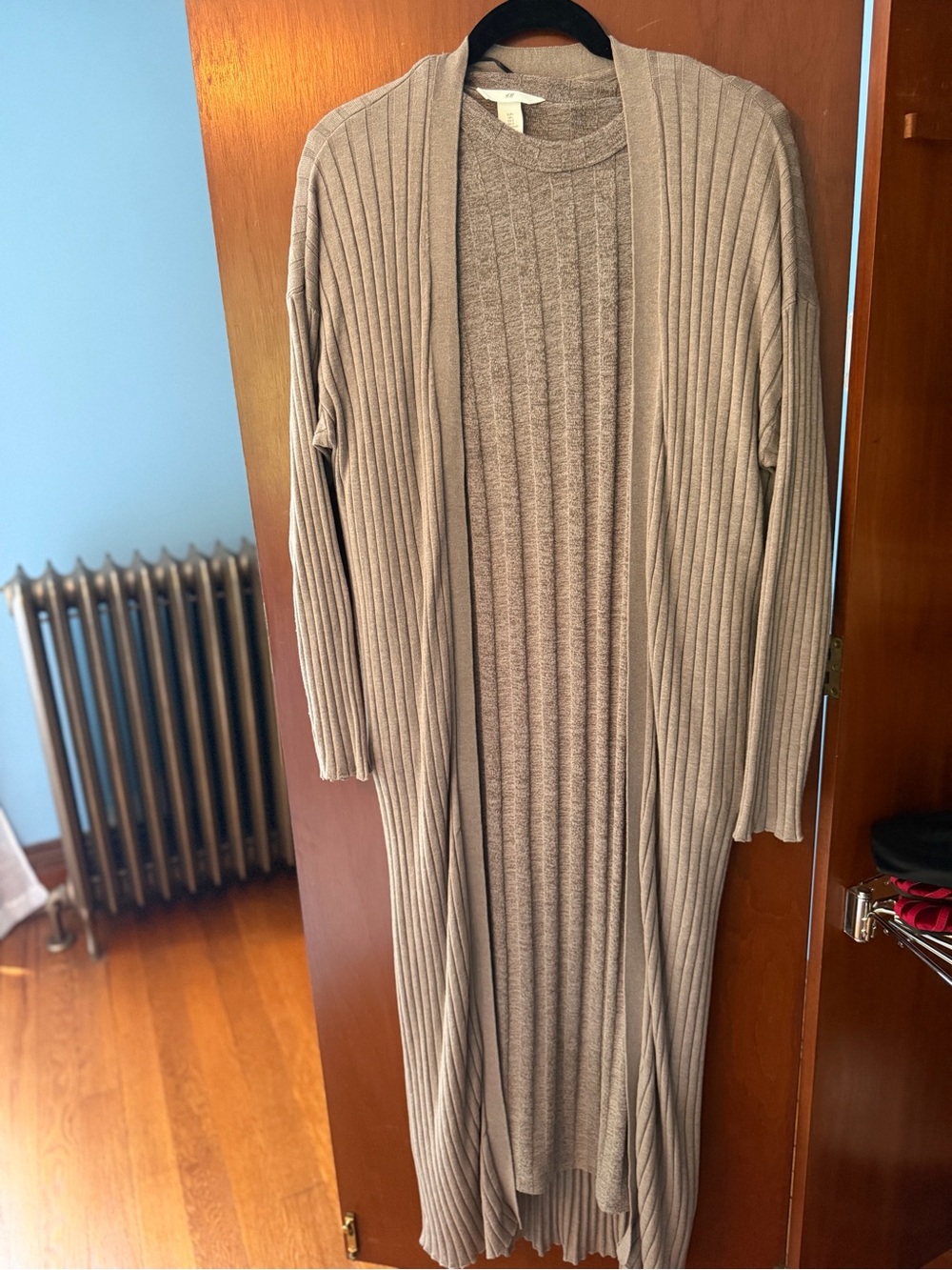 Long Open-Front Ribbed Sweater Cardigan & dress set- Taupe